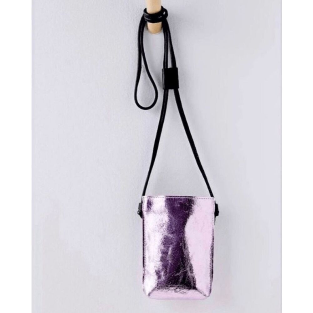 Free People Glitter Damsel Metallic Purple Leather Crossbody Bag NEW